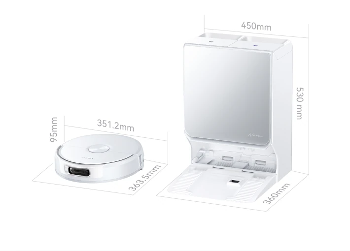 Dimension drawing of the Flow 2 robot and base station